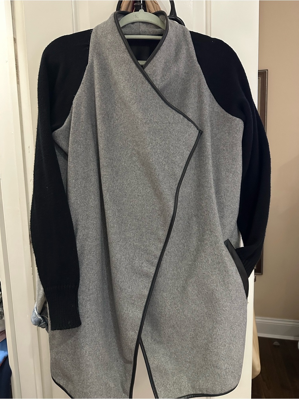 Grey and Black Draped Open Front Coatigan